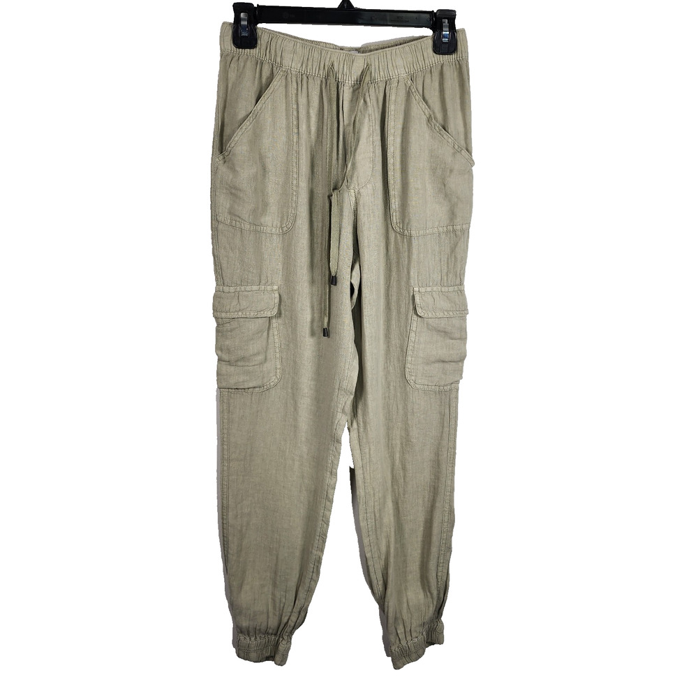 Nicole Miller New York 100% Linen Cargo Jogger Pants Beach Green Sz S Drawstring